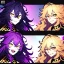 Placeholder: Clear focus, 8k, beautiful lighting, vibrant colors, girl, purple long hair, vibrant golden eyes, messy hair, hair in between the eyes, angry, laughing,