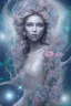 Placeholder: Create an image of a cosmic Goddess. The goddess should be depicted as a beautiful and powerful figure, surrounded by cosmic stars. Her hair should be long, blond and flowing, and she should be dressed in a flowing gown blue celestial robe. In the background, include imagery of pink flowers, blue sky,trees. The image should evoke a sense of joy, celebration, and spiritual connection to nature.