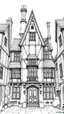 Placeholder: technical line drawing of the front elevation of a tall, narrow, warped, fantasy Tudor building, with twisted chimneys, rooms and floors added to sides and roofs, like the warren.