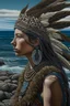 Placeholder: (8k) (detailed) (realistic)(portrait) (high res) ocean view with rocks bold native woman wearing (woven strips) made of (black feathers) and (abalone shells)