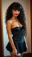 Placeholder: top quality, full body shot, standing, long tight curly hair with bangs, fair skin, dark sultry eye, red lips, slender, short pleated skirt, corset, stockings, soft lighting, diffused, smiling expression.