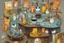 Placeholder: Happy cats sitting on a table :: industrial robotic cats, characters from machinarium pictoplasma, assemblage of naive art and les automatistes, by Alexander Jansson and Leo Lionni, a storybook illustration of a surrealist cat sculptures, cgsociety and behance contest winner