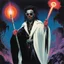 Placeholder: Art by Steve Rude: Elton John Zombie with black dreads and black wild beard as a fantasy necromancer holding a glowing black ram staff and wearing black magic robes