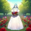 Placeholder: very gorgeous anime girl wearing a yellow and white dress ,standing in a meadow of flowers, spreading rose pedals on the ground. beautiful eyes and a stunning smile, blue eyes, two blue eyes, perfect nose and rosy cheeks and red lips. girl is holding a basket with flowers in it. girl has flawless face. simetrical face