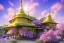 Placeholder: gold and pink crystal indian PALACE on the mountain,san, swanns,waterfall, BLUE LAKE, SWANNs,fuksia bugainvillier flowers, jacaranda violet trees, sky pink blue, full of details, smooth, bright sunshine，soft light atmosphere, light effect，vaporwave colorful, concept art, smooth, extremely sharp detail, finely tuned detail, ultra high definition, 8 k, unreal engine 5, ultra sharp focus