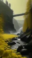 Placeholder: Cinematic slow motion: waterfall flowing in background, mist rising, river water rippling and reflecting, ivy leaves gently swaying on the yellow building, birds flying slowly in sky, subtle parallax camera push-in toward the bridge