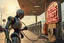 Placeholder: A cinematic wide-angle oil painting of a humanoid robot plugging a thick electric charging cable into its torso port at a futuristic charging station within a retro-style gas station. A long line of identical humanoid robots stands patiently behind, waiting for their turn to recharge. A large vintage-style sign to the side reads 'Electric Robot Charging Station.' The scene is bathed in golden-hour lighting, with rich, noisy colors, expressive thick brushstrokes, intricate steampunk elements, glo