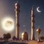 Placeholder: photo for an Islamic application with a minaret and a crescent moon, steampunk, unreal 5, octane render, cinema4d, dynamic lighting, dramatic lighting, 4k, redshift render, highly detailed, hyper realistic,