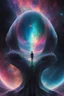 Placeholder: pacific alien live together, nebula in background, cosmic black and iridescent, split perspective, Neo-baroque digital glitch art, hyper detailed NASA images, photorealistic