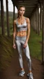 Placeholder: photography of a beautiful anorexic woman, silver satin top, sports illustrated, capri leggins