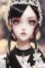 Placeholder: Detailed cute anime Wednesday Addams, black hair buns, black bangs, black latex bodysuit, intricate details, full body portrait, keep head in frame, slight smile, black Japanese motif, concept art, highly detailed, digital painting, concept art, sharp focus, illustration, art by Yoji Shinkawa, WLOP and greg rutkowski and alphonse mucha and artgerm and yanjun Chen and Junji ito and Makoto Shinkai, HDR, octane render