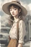 Placeholder: a color drawing of a girl with a hat, in the style of blurred, grandparentcore, frontal perspective, tachisme, hallyu, harlem renaissance, movie still