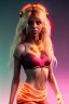 Placeholder: Shakira, artist, 30 years old, Realistic image, waist up portrait, etro style dress. Blonde, loose long hair, eyes make up, perfect, glow, circle iris. Neon colors, leds, geometric shapes. Dark background, photo studio, neon lights. Cyberpunk, concept art, smooth, unreal engine 5, god lights, ray tracing, RTX, lumen lighting, ultra detail, volumetric lighting, 3d, finely drawn, high definition, 4k.