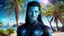 Placeholder: beautiful gorgeous young man na'vi with long hair, Avatar, blue skin, two small ears, green eyes, black hair, in cosmic suit, galactic ambiance, medium pointy goatee , smiling, with spaceship and planets and palm trees and clear crystaline cosmic beach in background