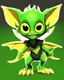 Placeholder: Flux P: a small gremlin, with large expressive yellow eyes and oversized ears that resemble bat wings. The creature has a vibrant green, slightly scaly skin, and a playful, mischievous expression. It sits in a dynamic pose, with a curled tail and pawed feet featuring sharp, claw-like toes. The background is minimalistic and bright white, emphasizing the creature's vivid colors. The lighting is soft and even, highlighting the detailed textures of the skin and the glossy shine of the eyes. The ove