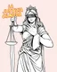 Placeholder: Comic book style illustration, line art of lady justice with scales and sword, with a stranger's hands (((covering her mouth))). Blindfolded, and with the Text "LA JUSTICIA CIEGA Y MUDA"
