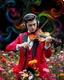 Placeholder: Gorgeous Realistic Photography a handsome young man a stunning adorned in vibrant luxury tuxedo swit carnival attire, headphones,playing violin standing in garden park flowers,ethereal beauty, black background, with swirling colors and fantastical tiny flowers, enchantment and grace, twisted vines, whimsical, surreal landscapes, emotive style, dreamlike quality, and magical realism, carnival red, ethereal pink, whimsical blue, vibrant green, celestial purple, golden amber