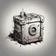 Placeholder: post-apocalyptic lockbox vector icon in white color over the back background, stylized