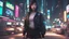 Placeholder: 4k, hyper-realistic, Ultra-HD, Ray-tracing, cyberpunk, cybernetics, Asian, Female, short, jacket, carrying pistol, hacker, night time, bright signs, lively city, desktop wallpaper, cute