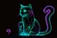 Placeholder: black background, outlines of a holographic question mark and contented cat drawn from thin neon-coloured glowing lines