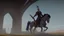 Placeholder: king rides white horse from the castle gate