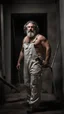 Placeholder: photography of a massive strong burly beefy strong sicilian painter worker 44 years old, curly hair, wet, silver beard, manly chest, hairy, shirtless in bulging dirty white overalls, big shoulders, tattoo, big calves, barefeet, angry, photorealistic, side light, inside a dark building under construction