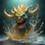 Placeholder: 3d The scariest demon monsterclay style, water splashing of monster out from liquid effect, very happy, gold colours, dominating the wave, fully magical forest in the middle, splashes around