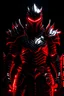 Placeholder: a super villian in black metal armor with red glowing light along the edges of the plates