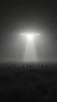 Placeholder: A field filled with aliens in a bright light at the end of the picture a ufo object , cinematic, 8k, in black and white
