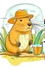 Placeholder: a cute drawing of a capybara drinking beer, the capybara is holding the beer glass while sitting in a camping chair with a bucket hat