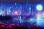 Placeholder: Night, distant futuristic city, flowers foreground, lagoon, concept art, impressionism influence, realistic painting