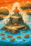Placeholder: A salmon orange colored island with turtle tikis in a thunderstorm designed in Ica stones painted by Pieter Bruegel the Elder