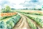 Placeholder: landscape with a dirt road in the middle.Big Carrots plants on both sides. clouds in the blue sky. Cartoon style. watercolor.