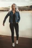 Placeholder: full body of very beautiful girl wearing pants and bluse and jean jacket ,white gray hair ,standing idle happy pose in studio pretty makeup