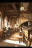 Placeholder: Lots of People sitting around tables in a medieval tavern with a stone floor, add people to the chairs