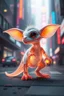 Placeholder: transparent gremlin dinosaur weasel with cute fur, in big cyberpunk city crossover, volume light and motion blur