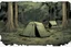 Placeholder: campsite, tents, overgrown, post-apocalyptic, comic book, forest