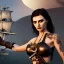 Placeholder: realistic, young model with dagger, short black hair flowing. holding a sword. black tatoo on arm. dressed a steampunk pirate, bra with carved leather. Salvador dalì style. Ships in background with high details. 4k, unreal engine. A owl is landing in background.