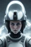 Placeholder: Black intergalactic pilot AnnaSophia Robb, portrait, bright white eyes, wearing high tech pilot helmet, white smoke, dark, rage, sorrow, high definition, ultra 8 k, volumetric lighting, blue fire, fog