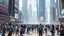 Placeholder: A visually striking, futuristic scene depicting the bustling heart of a 2080 metropolitan city center, with a dynamic blend of human activity and advanced architectural elements. The foreground should feature a diverse array of individuals - a mixture of pedestrians, commuters, and urban dwellers - engaged in various tasks and interactions within the city landscape. These people should be rendered with a high level of photorealism, showcasing the nuanced expressions, fashion, and body language