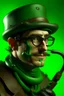 Placeholder: A man with smooth features made of green slime wearing Groucho Marx glasses, leather armor and a fedora. He is wielding a crossbow.