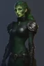 Placeholder: female snake humanoid, green scales, wearing a black leather armor, dungeons and dragons