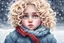 Placeholder: Lonely orphan with big innocent eyes and curly blonde hair and snowflakes in her hair. Lots of big snowflakes. Snowy landscape.