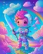 Placeholder: Highly detailed portrait of a cute little astronaut. He has a bright and cheerful color scheme, featuring a mix of pastel blues, pinks, and purples, standing with his arms folded holding a toy sword, surrounded by a swirl of energy. The background is a colorful cartoon landscape, with fluffy clouds and a rainbow. The background is a stark, metallic landscape, with a futuristic cityscape visible in the distance. by atey ghailan, by eduard hopper, by greg tocchini, by james gilleard, grunge aesthe