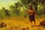 Placeholder: caveman holding a club, cave, cave bear, campfire, stone age, Impressionism, masterpiece, mellow, dawn,