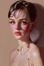 Placeholder: Ultra realistic rendering of a Norman Rockwell style illustration of a nubile, Pert, thin, young woman with 1950s style short hair, wearing an open blouse with bondage lingerie underneath, nipples, bare breasts