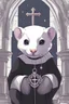 Placeholder: (anthropomorphic white ferret),dressed in ((cleric fantasy)) black clothes with silver holy ornaments, realistic anatomy, holy symbols around, serious face, hold holy cross symbol, tired face, in the style of LOISH, look at the vivewer, cute face, fantasy inspire, fantasy church on background with sunshine, gloomy atmosphere, high angle shot, purple armband, The holy icon style