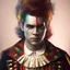 Placeholder: sad court jester, white face clown makeup, Dylan O'Brien, handsome, circus, jester's hat, portrait, melancholy expression, trace light, Paint spatters, muted drips, sad, sad clown face paint, thomas rollus child of light, Thomas Rollus, fantasy, anime, volumetric lighting, sun shafts, spectral, illuminated, gothic colors, modern fairy tale, high detail, red leaf tree, perfect
