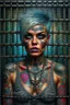 Placeholder: Portrait of a beautiful tattooed voluptuous terrified prisoner chained and collared in the small dim cell. Luis Royo, Jeremy Mann, hyper-detailed, hyperrealistic, digital art, detailed background, dark fantasy, cinematic, vibrant pastel colours