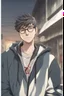 Placeholder: Anime man with glasses, wearing a hooded sweatshirt, slight smile, realistic